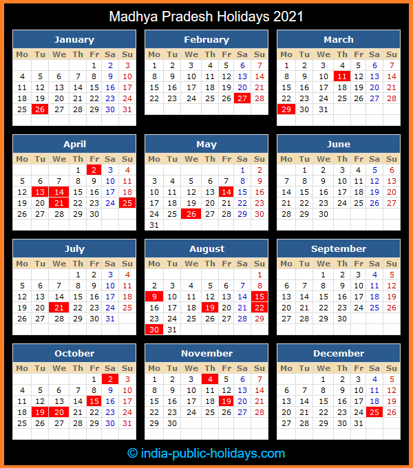 Madhya Pradesh Holiday Calendar 2021